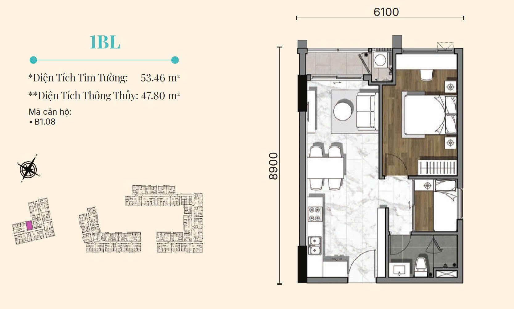 Mặt bằng 1PN + Loggia (1BL)