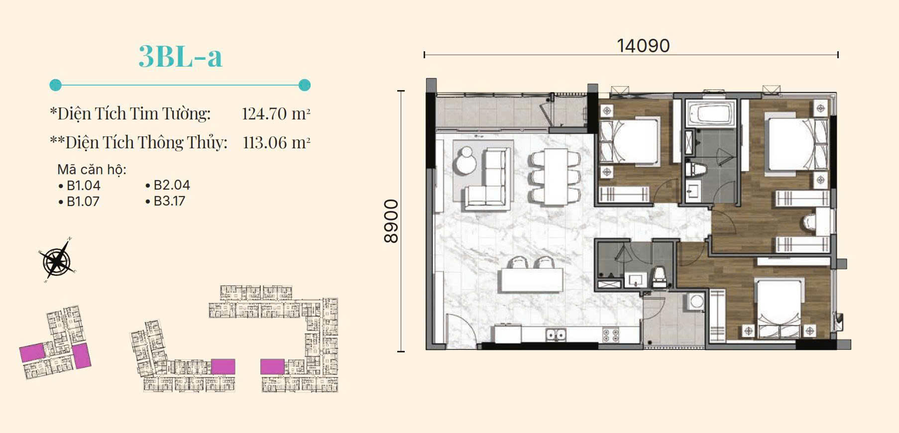 Mặt bằng 3PN + Loggia (3BL-a)