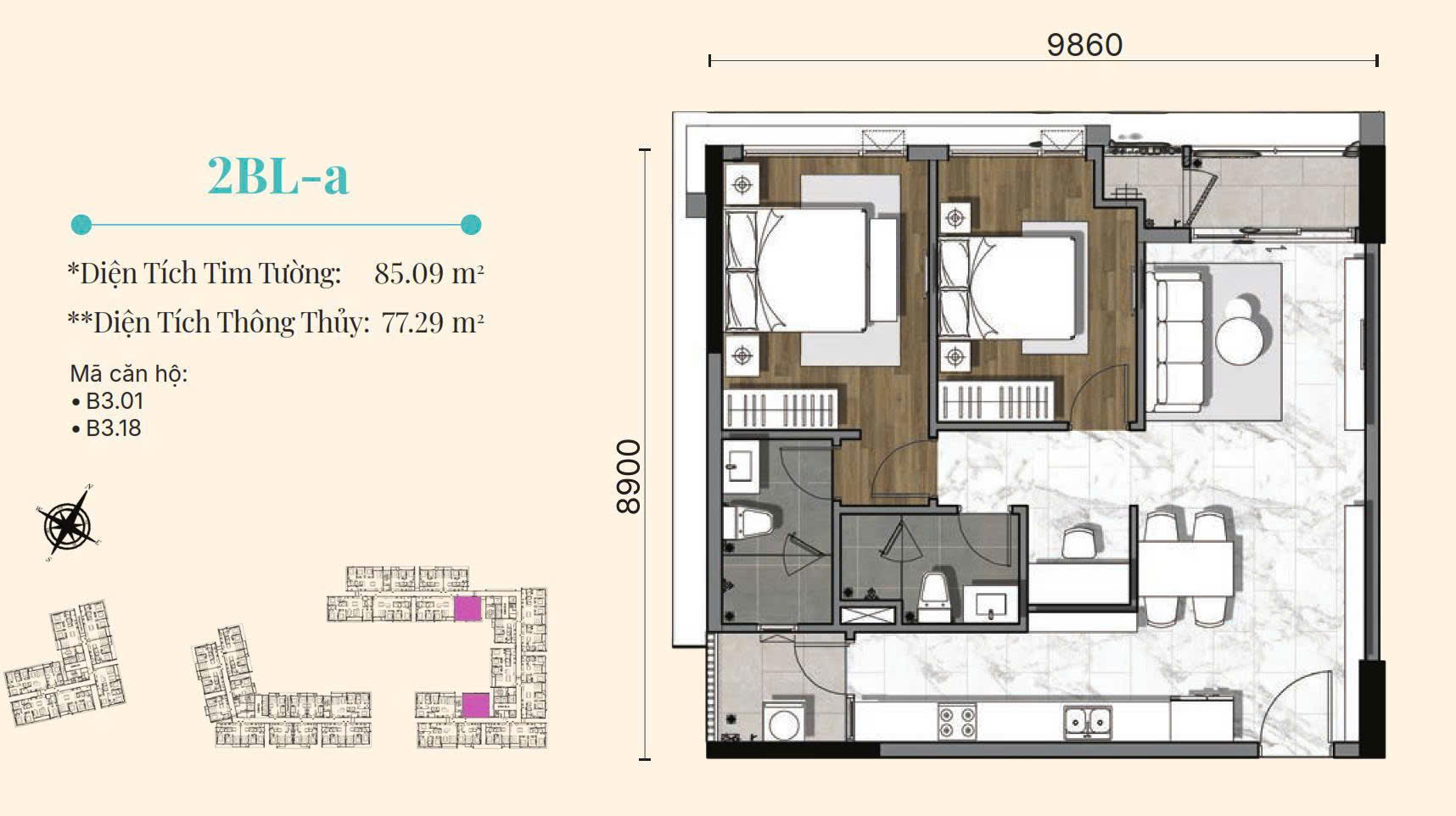 Mặt bằng 2PN + Loggia (2BL-a)